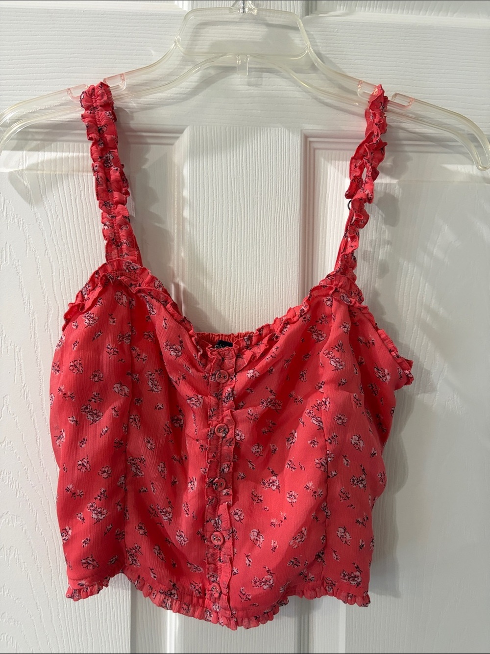 Abercrombie & Fitch Coral Floral Ruffle-Trim Crop Camisole
